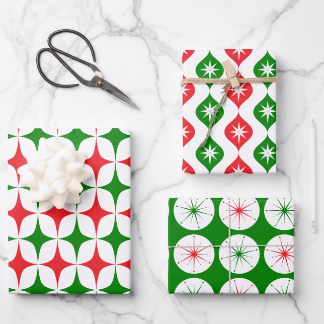 Retro Mid Century Christmas Starburst Holiday Wrapping Paper Sheet (Front)