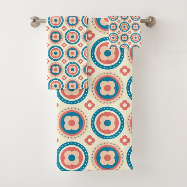 Retro Mid Century Circles and Flowers Blue, Peach  Bath Towel Set (Insitu)