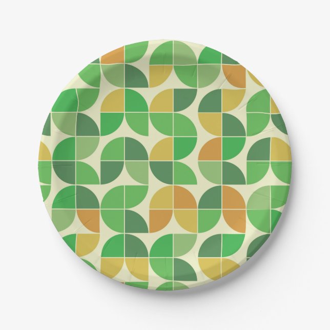 Retro Mid Century Geometric Floral Green  Paper Plate (Front)