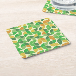 Retro Mid Century Geometric Floral Green  Square Paper Coaster