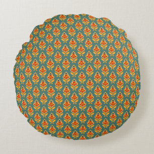 Retro Mid- Century Geometric Print 1970s Patterned Round Pillow