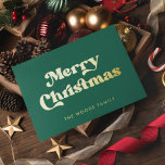 Retro Mid Century Green Merry Christmas Foil Holiday Card<br><div class="desc">Merry Christmas card: a classic retro design,  with a mid century modern typography in gold foil and a classic green background.</div>