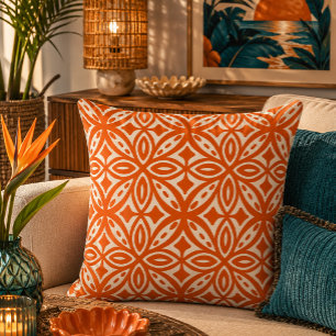 Retro Mid Century Hawaiian Tapa Pattern Orange Throw Pillow