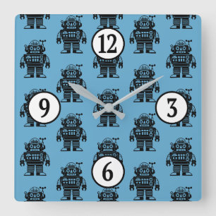 Retro Mid Century Inspired Robot Pattern Square Wall Clock