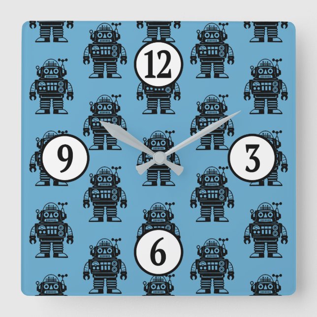 Retro Mid Century Inspired Robot Pattern Square Wall Clock (Front)