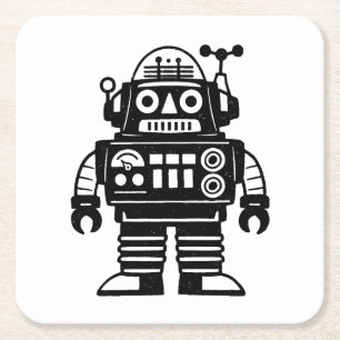 Retro Mid Century Inspired Robot Square Paper Coaster