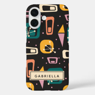 Retro Mid Century Mod Atomic Black Personalized   iPhone 16 Case