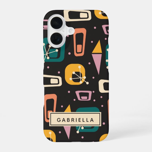 Retro Mid Century Mod Atomic Black Personalized   iPhone 16 Case (Back)