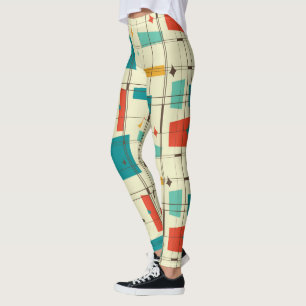Retro Mid Century Mod Atomic Space Age Teal Red Leggings
