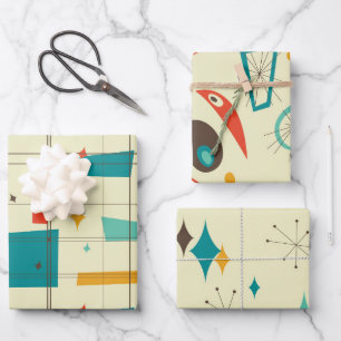 Retro Mid Century Mod Atomic Space Age Teal Red Wrapping Paper Sheet