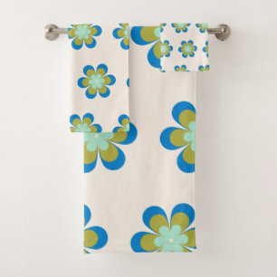 Retro Mid Century Mod Flower Pattern   Blue Green Bath Towel Set