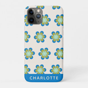 Retro Mid Century Mod Flowers Blue Personalized iPhone 11 Pro Case