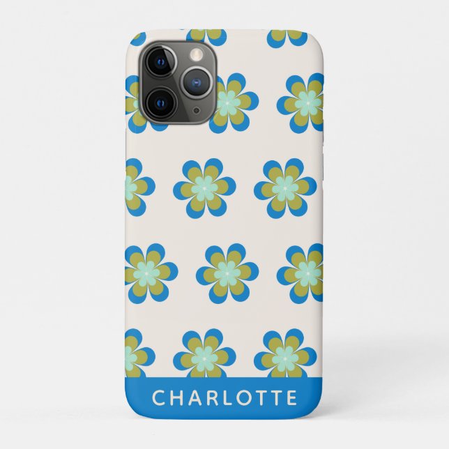 Retro Mid Century Mod Flowers Blue Personalized Case-Mate iPhone Case (Back)