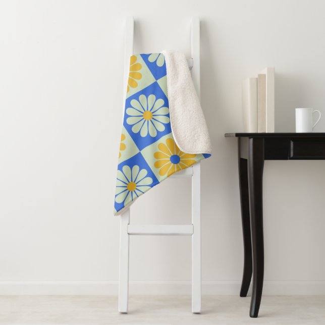 Retro Mid Century Mod Flowers in Blue and Yellow Sherpa Blanket (In Situ)