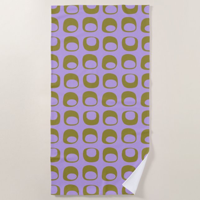 Retro Mid Century Mod Pattern Olive and Lavender Beach Towel (Front)