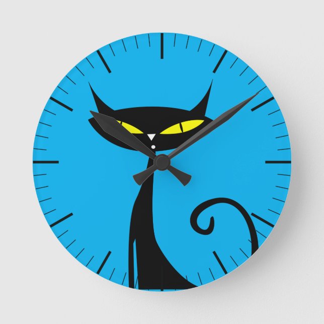 Retro Mid Century Modern 1950s Atomic Black Cat Round Clock (Front)