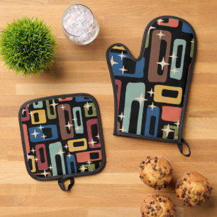 Retro Mid Century Modern Abstract Oven Mitt & Pot Holder Set