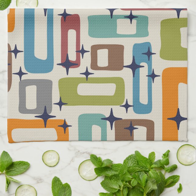 Retro Mid Century Modern Abstract Pattern Kitchen Towel (Folded)