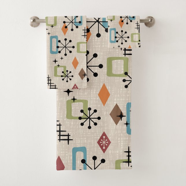 Retro Mid Century Modern Atomic Abstract Pattern Bath Towel Set (Insitu)