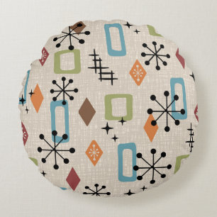 Retro Mid Century Modern Atomic Abstract Pattern Round Pillow