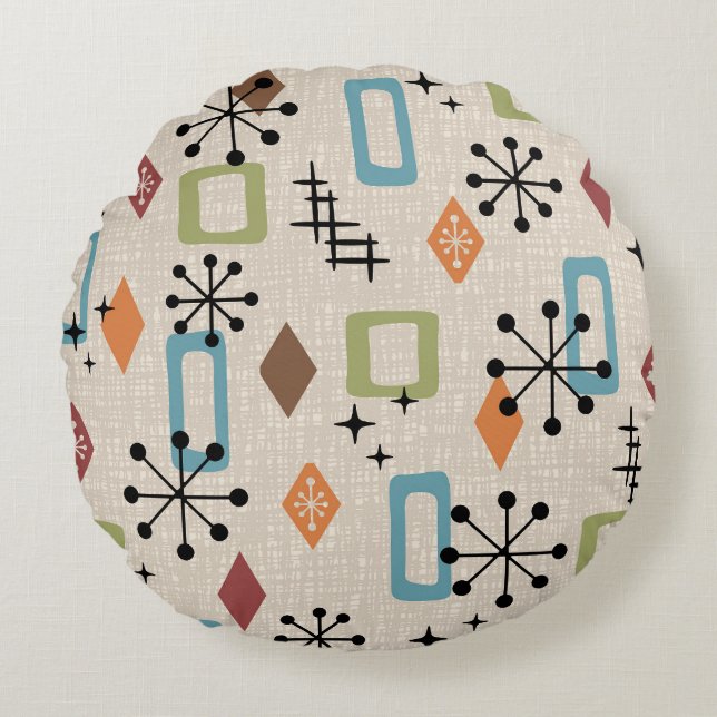 Retro Mid Century Modern Atomic Abstract Pattern Round Pillow (Front)