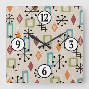 Retro Mid Century Modern Atomic Abstract Pattern Square Wall Clock