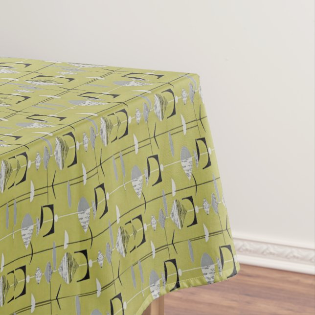 Retro Mid Century Modern Atomic Geometric Green Tablecloth (In Situ)