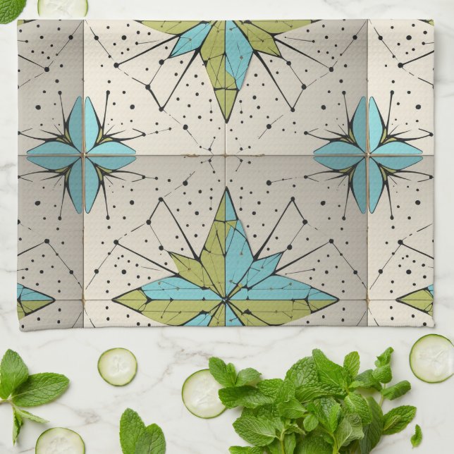 Retro Mid Century Modern Atomic Geometric Pattern Kitchen Towel (Folded)