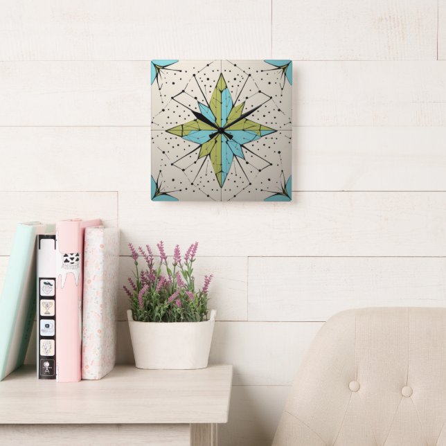 Retro Mid Century Modern Atomic Geometric Pattern Square Wall Clock (Reading Room)