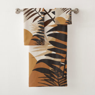 Retro mid century modern autumn floral palm leaf bath towel set