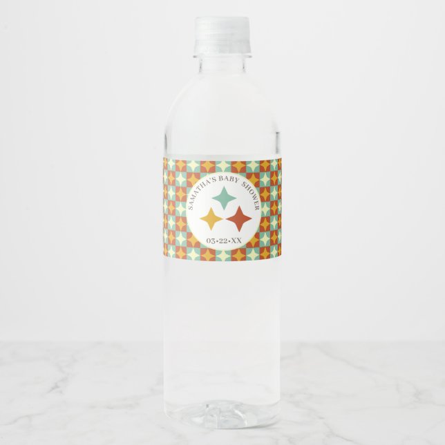 Retro Mid Century Modern Baby Shower Water Bottle  Label (Front)