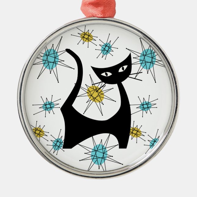 Retro Mid-Century Modern Cat Metal Ornament (Front)