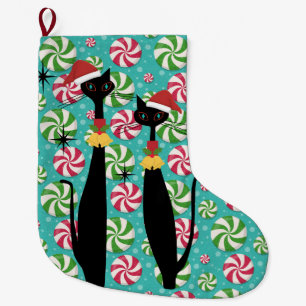Retro Mid Century Modern Cats Peppermint Santa Large Christmas Stocking