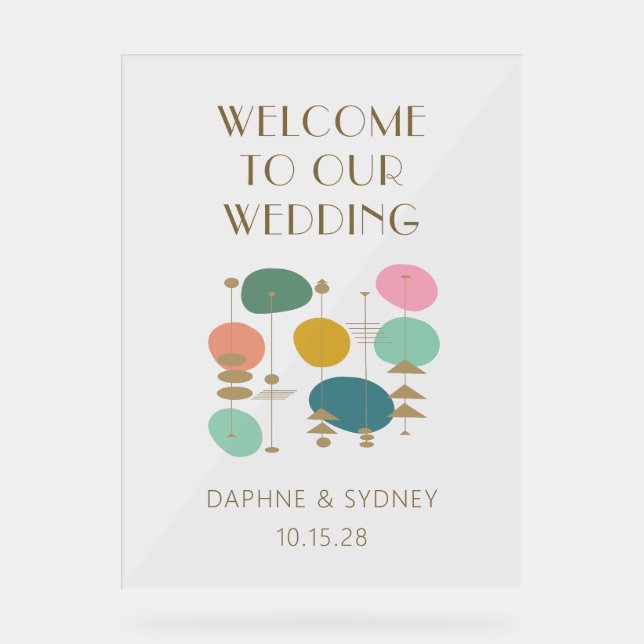 Retro Mid Century Modern Custom Wedding Welcome  Acrylic Sign (Front)