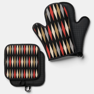 Retro Mid Century Modern Diamond Pattern Oven Mitt & Pot Holder Set