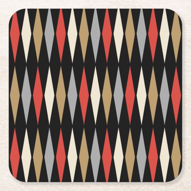 Retro Mid Century Modern Diamond Pattern Square Paper Coaster (Front)