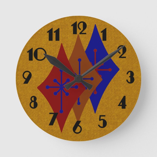 Retro Mid-Century Modern Diamond Starburst Gold Round Clock (Front)
