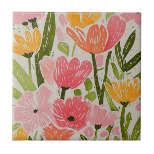 Retro Mid Century Modern Floral Design Tile