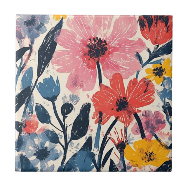 Retro Mid Century Modern Floral Design Tile (Front)