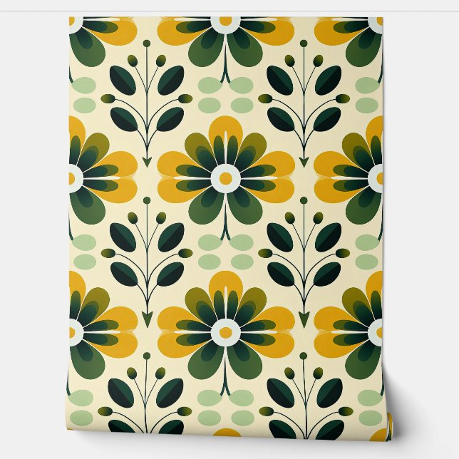 Retro Mid Century Modern Floral Yellow Green 70's Wallpaper (Unrolling)