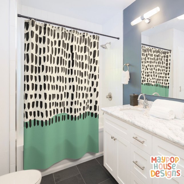 Retro Mid Century Modern Green Black Abstract (mid century modern shower curtain bathroom decor)