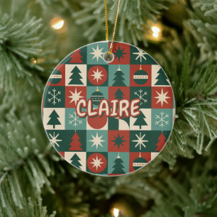 Retro Mid Century Modern Holiday Chequered Ceramic Ornament