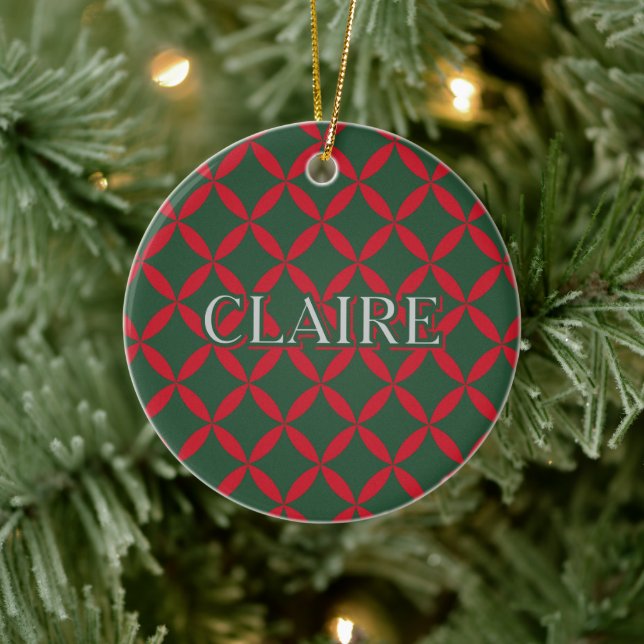 Retro Mid Century Modern Holiday Red Green Stars Ceramic Ornament (Tree)