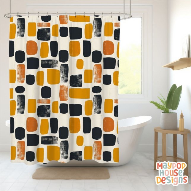 Retro Mid Century Modern Orange Black Abstract (mid century modern shower curtain bathroom decor)