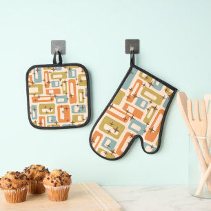 Retro Mid Century Modern Oven Mitt & Pot Holder Set