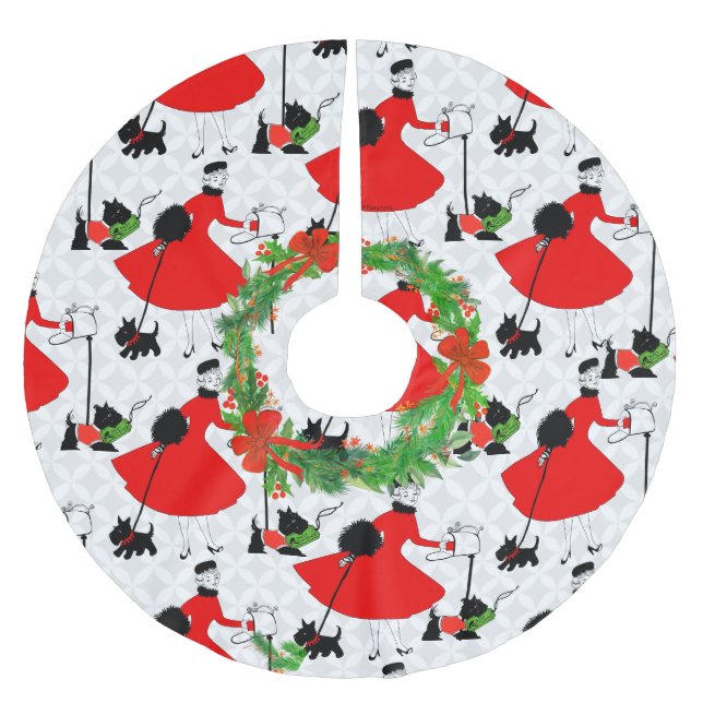 Retro Mid Century Modern Red and Black Dog Brushed Polyester Tree Skirt (Front)