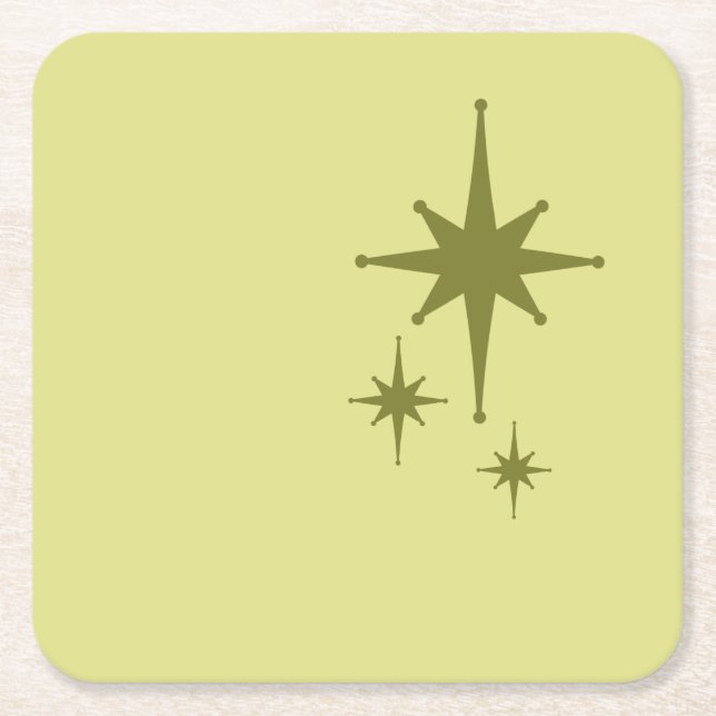 Retro Mid-century Modern Starburst Trio Olive Square Paper Coaster (Front)