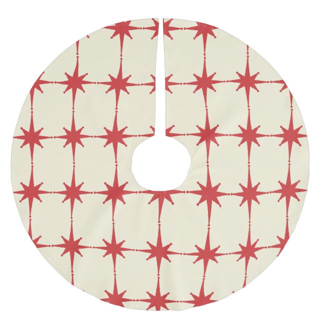 Retro Mid-century Modern Starbursts Red Cream Brushed Polyester Tree Skirt (Front)