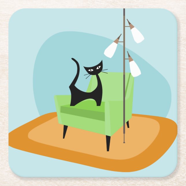 Retro Mid-century Modern Style Cat Square Paper Coaster (Front)