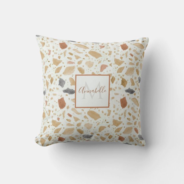 Retro Mid Century Modern Terrazzo Terracotta Name Throw Pillow (Front)